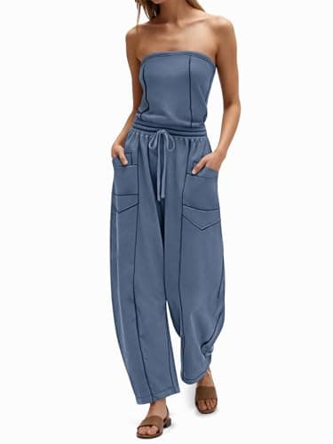 Cicy Bell Womens Summer Strapless Jumpsuits Casual Off the Shoulder Loose Romper Drawstring Barrel Outfits Jumpers - Image 1