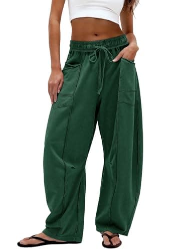 Dokuritu Barrel Sweatpants Women Casual Drawstring Baggy Pants Elastic Waist Wide Leg Sweatpants with Pockets Green - Image 1