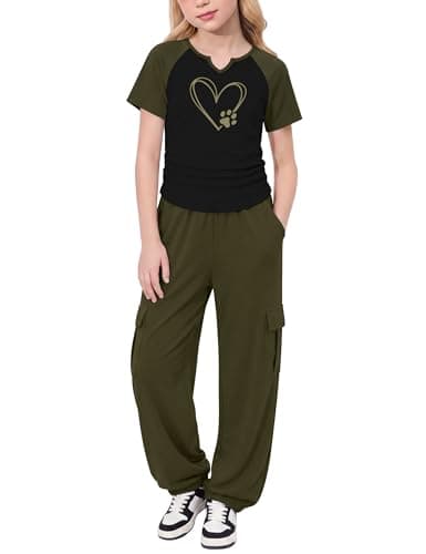 GEMLON Girls Outfits 2PCS Short Sleeve Graphic Top and Cargo Pants with Pocket 10 Year Old Girl Clothes for Summer - Image 1