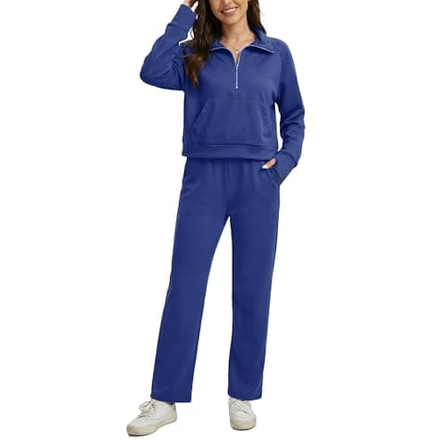Anyshe Women's 2 Piece Sweatsuit Set Lounge Set Half Zip Sweatshirt with Kangaroo Pocket Thumb Holes Wide Leg Drawstring Pants Casual Tracksuit for Travel Daily Wear, Navy, Medium - Image 1