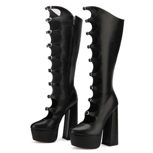 FancyQueen Black Platform Boots Gothic Boots for Women, Knee High Chunky Platform Heels, Black Lolita Buckle Block Heels, Punk Combat Mid Calf Shoes - Image 1