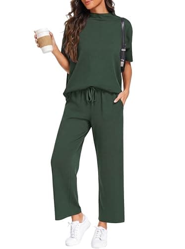 PrinStory Womens Lounge Set Summer 2 Piece Outfits Pullover Top and Wide Leg Pants Matching Sets 2026 Dark Green-M - Image 1