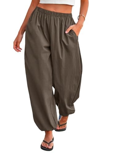 Tankaneo Womens Balloon Pants Trendy Casual Elastic Waist Wide Leg Harem Pants Baggy Pleated Lantern Trousers Dark Brown - Image 1