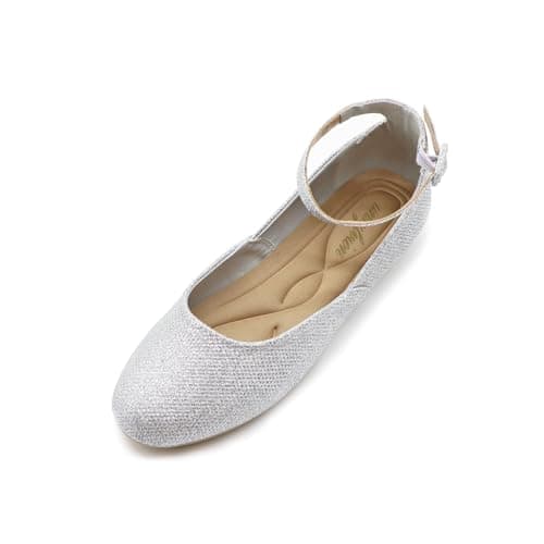 unsylvion Women's Ballet Low Wedge Flats with Round Toe and Ankle Strap Stylish Comfortable Casual Shoes for Work,Office,Business Silver - Image 1