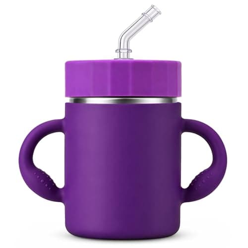 Mamalovey 12oz Insulated Kids Water Bottle, Stainless Steel Sippy Cup with Straw & Handles, Spill-Resistant Kid Cup, Silicone Sleeve for Anti-Drop Protection, Great for Travel - Purple - Image 1
