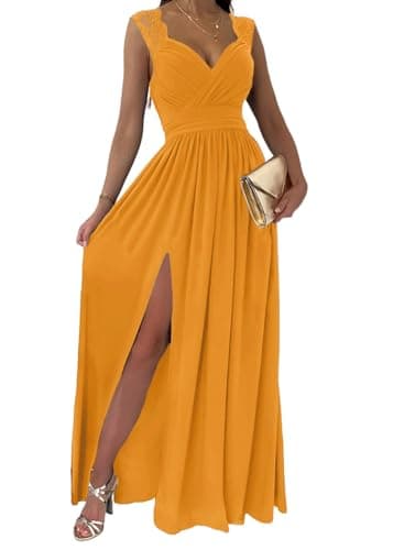 Dokotoo Womens Ladies Elegant Floor Length A Line Wrap Deep V Neck Backless Ruched Pleated Ruffled Split Long Maxi Formal Evening Party Prom Dress Bridesmaid Wedding Guest Dresses for Women Yellow M - Image 1