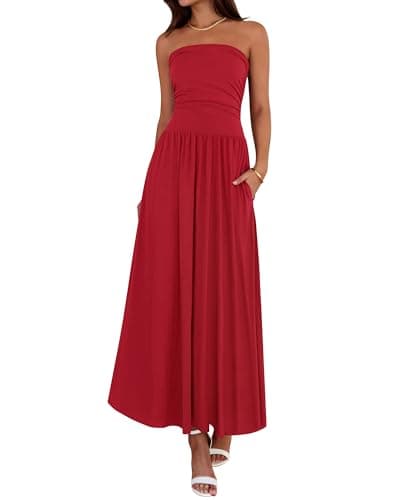 BTFBM Summer Maxi Dresses for Women 2026 Strapless Ruched Tube Top Beach Vacation Spring Wedding Guest Dress Pockets (Red, Medium) - Image 1