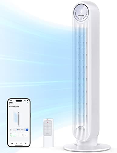 DREO Tower Fan for Bedroom, 25ft/s Smart Standing Fans, 90° Oscillating Floor Fan with 4 Modes, 4 Speeds, 8H Timer, 28dB, Bladeless, Remote, Works with WiFi Voice Control - Image 1