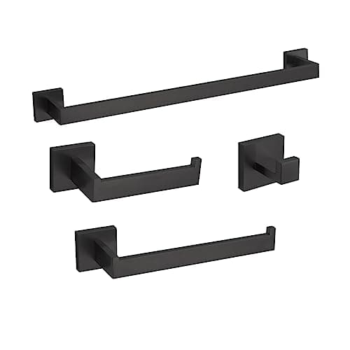 4-Piece Bathroom Hardware Set, Towel Rack Towel Bar Towel Holder Toilet Paper Holder Matte Black Towel Hooks Modern Square Stainless Steel Wall Mounted Bathroom Accessories Set, 23inch