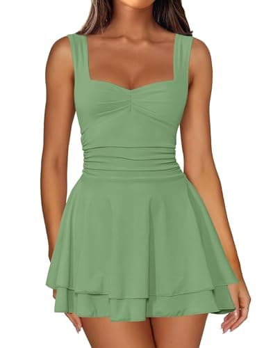 IWD Womens Sweetheart Neck Tiered Ruffle Hem Sleeveless Mini Dress Ruched Waist Cocktail Christmas Short Party Dresses Light Green X-Small - Image 1