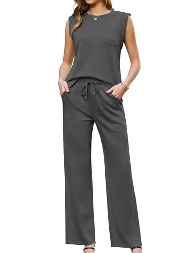 difficort Womens 2 Piece Outfits Round Neck Vest Sleeveless Tops Straight Leg Pants Matching Outfits,Dark Grey,Large