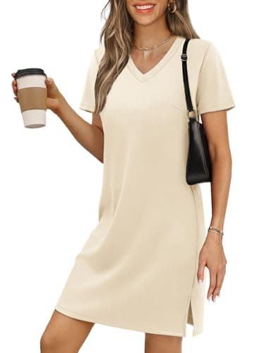 RUMIA Casual Dresses for Women Short Sleeve Summer Dress Mini Vacation Dress V-Neck Beach Sundress Beige Medium - Image 1