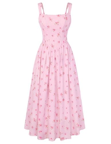 Women's Floral Corset Sundress Square Neck Sleeveless Cottagecore Dresses Summer Casual Dress Pink Size 14 - Image 1