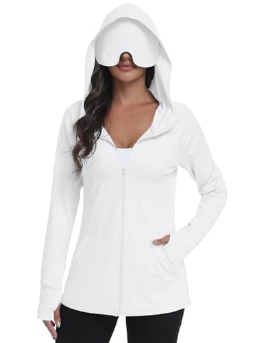 SeSe Code UPF 50+ Hoodie With Eye Mask Womens Zip Up Travel Jackets Lightweight Sleep Sun Protection Shirts Pockets Outdoor Nap White XL - Image 1