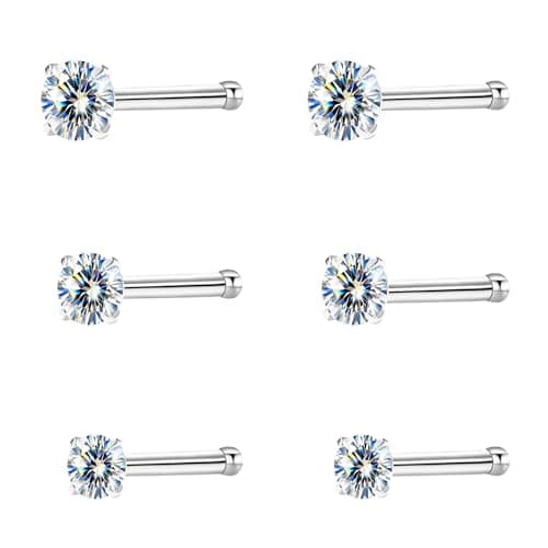 hooppoo Hypoallergenic G23 Titanium Nose Studs with Moissanite | Tiny Straight Bar Piercing Jewelry | 6-Piece Set in 2mm, 2.5mm, 3mm | Unisex Gift (Straight Bar/20G/Silver)