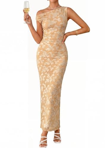 PRETTYGARDEN Womens Floral One Shoulder Maxi Dress 2026 Summer Spring Wedding Guest Formal Bodycon Ruched Cocktail Dresses (Khaki,Large) - Image 1