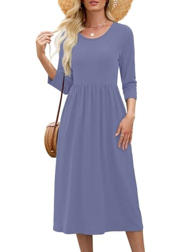 Heymoments Ladies Dresses Purple Gray Large Wedding Guest Crewneck 3/4 Sleeves A line Casual Flowy Swing Cocktail Slimming Birthday Party Spring Fall Winter Travel Long Midi Dresses with Pocket - Image 1