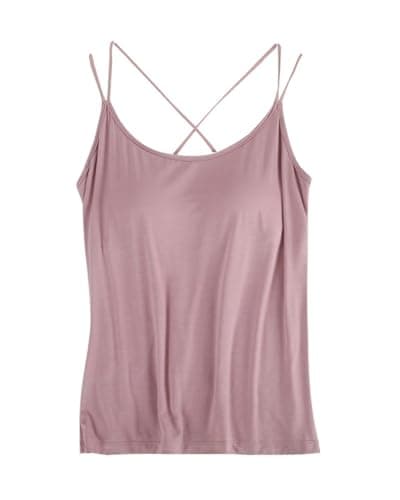 OPLKENR Lingerie Camisole with Built in Bra for Women Criss Cross Spaghetti Strap Tank Top with Bra Soft Modal Cotton Camis(US, Alpha, Large, Regular, Regular, Pink) - Image 1