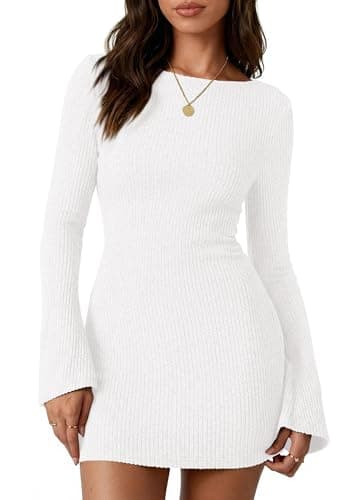 PRETTYGARDEN Womens Fall Bell Long Sleeve Mini Dress 2026 Casual Boat Neck Ribbed Bodycon Short Party Cocktail Dresses (White,Small) - Image 1