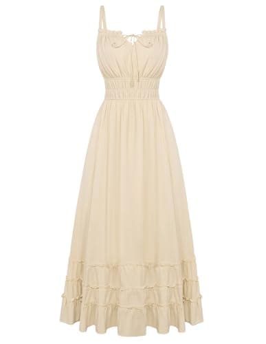 Scarlet Darkness Women's Summer Maxi Dress 2026 Boho Sleeveless Ruffle Flowy Milkmaid Sundress with Pockets Beige XL - Image 1