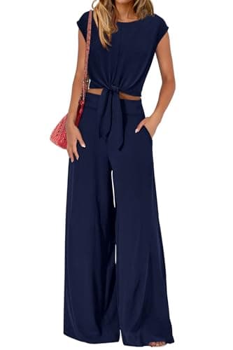 PRETTYGARDEN Women 2 Piece Lounge Sets 2026 Casual Summer Outfits Cap Sleeve Strappy Crop Tops Wide Leg Pant Tracksuit(Navy Blue,X-Large) - Image 1