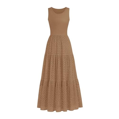 Lazysmile Womens Summer Dresses Crewneck Sleeveless A-Line Hollow Out Eyelet Tiered Tank Maxi Dress Sundress with Pockets Khaki - Image 1