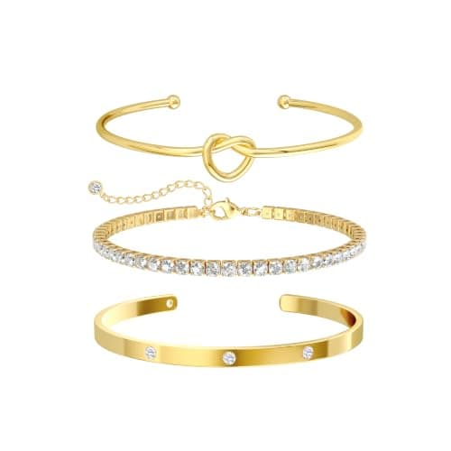 Gold Bracelets for Women, 3 Pcs 14K Gold Plated Stackable Bracelet Set, Dainty Love Knot Bangle, CZ Tennis Bracelet, Open Cuff Bracelet for Women, Adjustable Jewelry Gift for Daily Wear - Image 1