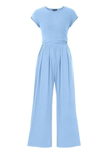 PRETTYGARDEN Summer Jumpsuits for Women Dressy 2026 Ribbed Cap Sleeve Wide Leg Pants Rompers Elegant Casual One Piece Outfits (Light Blue,X-Large) - Image 1
