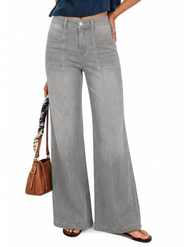 Flowyair Wide Leg Jeans Women Stretchy Sweatpant Jeans High Waisted Flared Casual Trendy Straight Denim Pants with Pockets Light Grey - Image 1