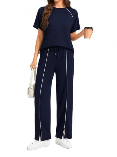 imbpceu Women's Two Piece Sets Casual Short Sleeve Top Wide Leg Pants Summer Matching Sweatsuit Navy Blue XXL - Image 1