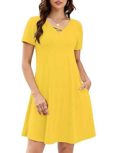 KORSIS Women's Midi Dresses Summer Casual T-Shirt Short Sleeve Criss Cross V Neck Swing Soft Loose Beach Party Vacation midi Soild Dress with Pockets (S-2XL) Yellow - Image 1