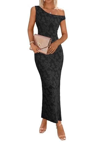 Lazysmile Women's Summer Floral Boho Maxi Dresses Off Shoulder Bodycon Elegant Party Wedding Guest Dress Black - Image 1