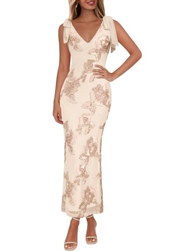 Lazysmile Womens Floral Embroidered Maxi Dress Sleeveless V Neck Tie Strap Ribbon Flower Mesh Party Cocktail Dresses - Image 1
