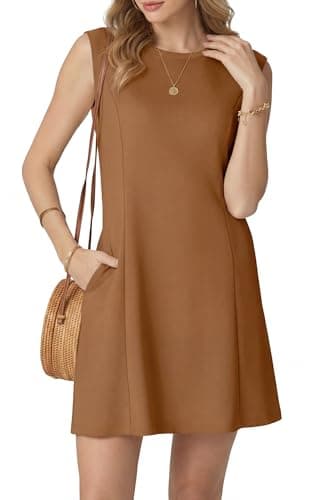 HiMONE Women Sleeveless Mini Dresses Crew Neck A Line Pullover Casual Dress for Office Work Party(Camel-M) - Image 1