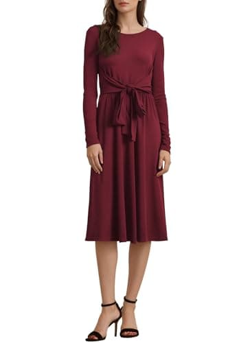 BLENCOT Long Sleeve Dress V Neck Casual Knit Pleated Flowy Fall Winter Outfits Work Midi Maternity Dresses with Pockets Burgundy L - Image 1
