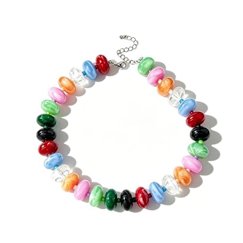 ANGLEQUEEN Multicolor Rainbow Chunky Beaded Choker Necklace for Women - Bold Statement Large Acrylic Beads Collar, Trendy Summer Vacation Jewelry Gifts for Mothers Day, Daily Party Colorful Necklace - Image 1