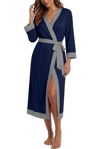 PrinStory Robes for Women Soft Kimono Bathrobe Lightweight Knit Sleepwear long Lounge Robes Navy Blue-XL - Image 1