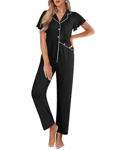 Ekouaer Pajamas for Women Set Button Up Sleepwear Cute Pjs Ruffle Sleeve Notch Collar Lounge Sets with Long Pants Black M - Image 1
