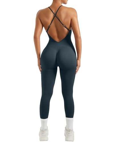 MOOSLOVER Women Strappy Backless One Piece Jumpsuits Tummy Control Padded Workout Rompers(XL,#1 Navy Blue) - Image 1