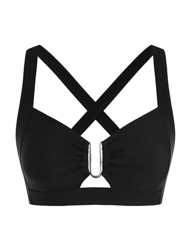 ZAFUL Black Push-Up Bikini Tops for Women Only U Wired Ruched Bust Adjustable Back-Cross Wide Straps V Neck Bathing Suit Top Only (Black S) - Image 1