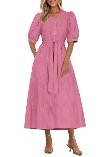 PRETTYGARDEN Summer Dresses for Women 2026 Elegant Classy Short Sleeve V Neck Ruffle A Line Belted Long Beach Vacation Dress (Dark Pink,XX-Large) - Image 1