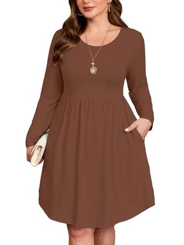 AusLook Women's Plus Size Long Sleeve Midi Dress Crewneck Casual Empire Waist Loose Flowy Dresses A-Line Boho Party 2025 Fall Winter Long Dark Brown 5X Dress Vacation Outfit with Pockets - Image 1