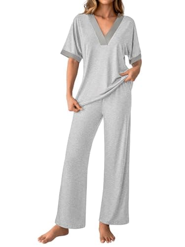 GKBK Womens Two Piece Outfits Pajama Sets 3/4 Dolman Sleeve V Neck Sleepwear Nightwear Loungewear Matching Pjs 2 Piece Lounge Set Lightweight Sweatsuit Fall Fashion Ooutfit Gray L - Image 1