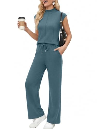 Casly Lamiit 2 Piece Sets for Women Summer Travel Outfits Casual Wide Leg Pants Short Sleeve Airport Lounge Sets Spring Clothes Storm Blue S - Image 1