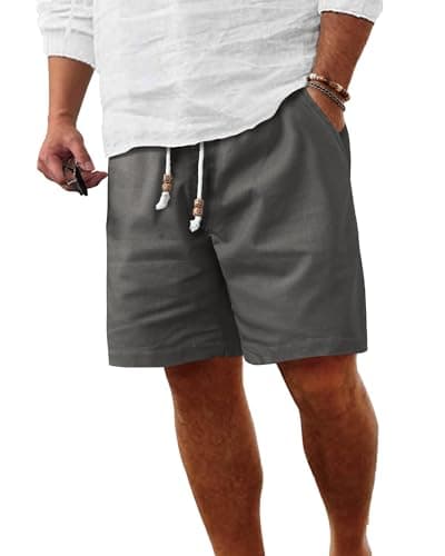 ZKMAN Men's Cotton Linen Shorts Elastic Waist Drawstring Casual Shorts Lightweight Summer Vacation Beach Shorts with Pockets(Dark Gray XXL) - Image 1