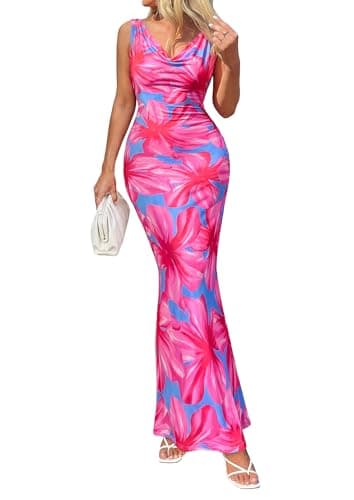 PRETTYGARDEN Women's Floral Maxi Dress 2026 Cowl Neck Summer Vacation Outfits Sleeveless Mermaid Wedding Guest Long Dresses(Blue Pink Flower,X-Large) - Image 1