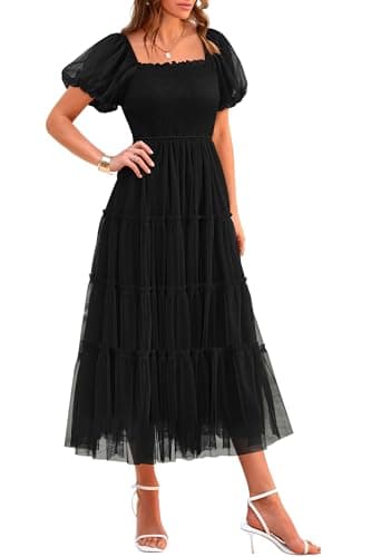 PRETTYGARDEN Women's Smocked Midi Tulle Dress 2025 Summer Puffy Short Sleeve Square Neck Ruffle Wedding Guest Party Dresses (Black,Small) - Image 1