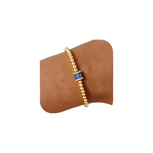 M MOOHAM September Blue Sapphire Birthstone Bracelets for Women, Dainty Elastic 14k Real Gold Plated Beaded Bracelets Non Tarnish, Friendship Birthday Jewelry Gifts for Women