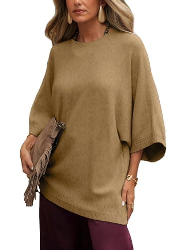 Tanming Women's 3/4 Sleeve Knit Sweater Crew Neck Oversized Casual Pullover Top Loose Soft Knit Tee for 2026 Spring(Khaki-M) - Image 1