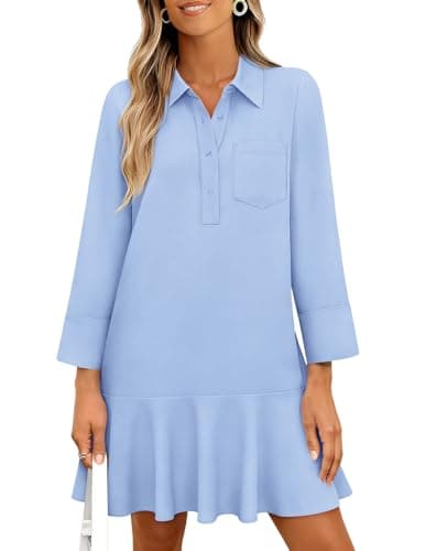 MEROKEETY Women's 2025 Fall 3/4 Sleeve Shirt Dress Casual Button Down Shift Pleated Midi Dresses with Pockets, LightBlue, Small - Image 1